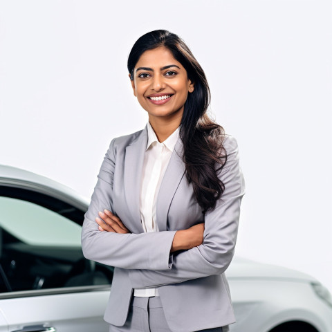 Friendly smiling beautiful indian woman automotive finance manager at work on white background Friendly smiling beautiful indian woman automotive finance manager at work on white background