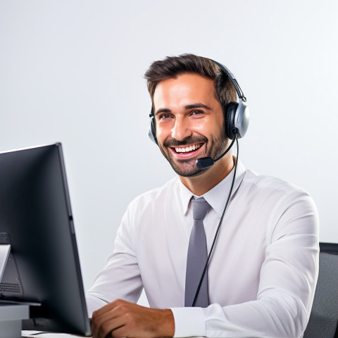 Friendly smiling handsome man automotive customer service representatives at work on white background Friendly smiling handsome man automotive customer service representatives at work on white background