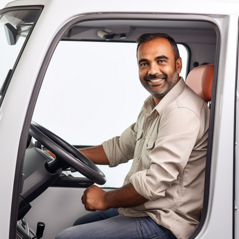 Friendly smiling handsome indian man automotive driver at work on white background Friendly smiling handsome indian man automotive driver at work on white background