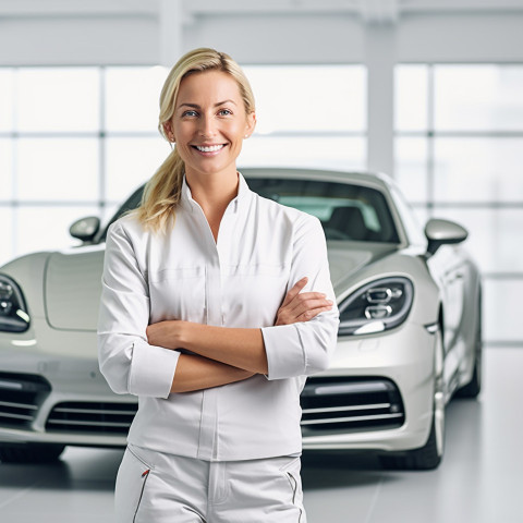 Friendly smiling beautiful woman automotive training instructor at work on blured background Friendly smiling beautiful woman automotive training instructor at work on blured background