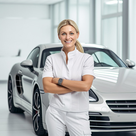 Friendly smiling beautiful woman automotive training instructor at work on blured background Friendly smiling beautiful woman automotive training instructor at work on blured background
