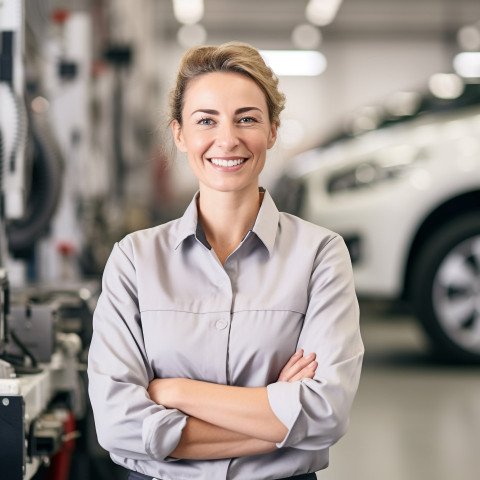 Friendly smiling beautiful woman automotive inventory manager at work on blured background Friendly smiling beautiful woman automotive inventory manager at work on blured background