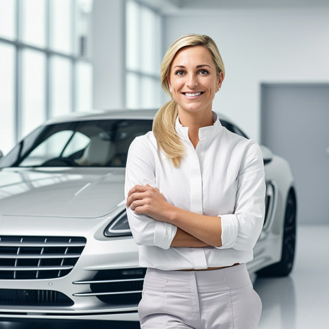 Friendly smiling beautiful woman automotive training instructor at work on blured background Friendly smiling beautiful woman automotive training instructor at work on blured background
