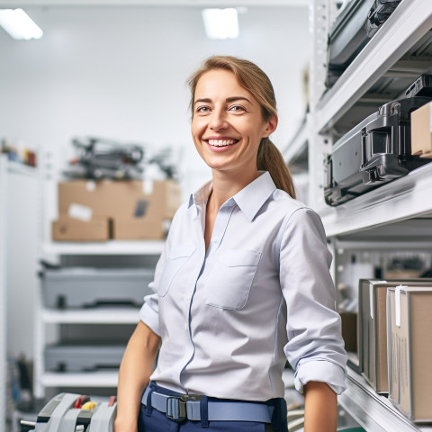 Friendly smiling beautiful woman automotive inventory manager at work on blured background Friendly smiling beautiful woman automotive inventory manager at work on blured background
