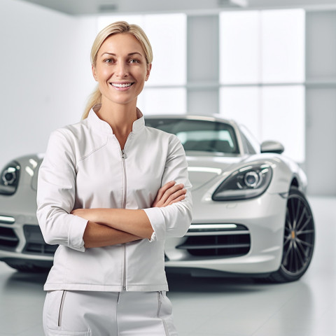 Friendly smiling beautiful woman automotive training instructor at work on blured background Friendly smiling beautiful woman automotive training instructor at work on blured background