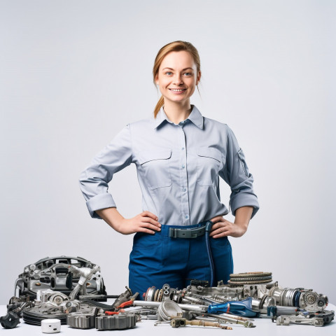 Friendly smiling beautiful woman automotive inventory manager at work on blured background Friendly smiling beautiful woman automotive inventory manager at work on blured background