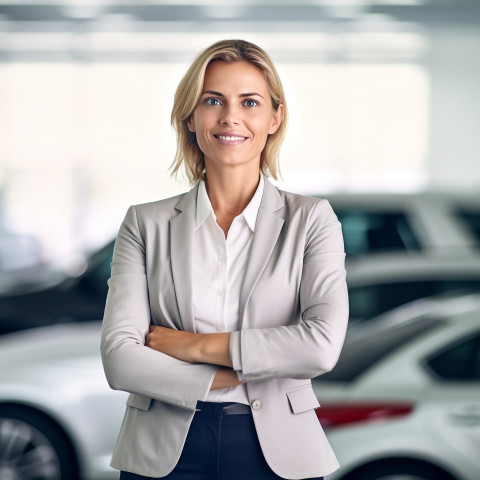 Friendly smiling beautiful woman automotive general manager at work on blured background Friendly smiling beautiful woman automotive general manager at work on blured background