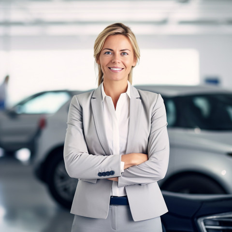 Friendly smiling beautiful woman automotive general manager at work on blured background Friendly smiling beautiful woman automotive general manager at work on blured background