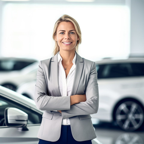 Friendly smiling beautiful woman automotive general manager at work on blured background Friendly smiling beautiful woman automotive general manager at work on blured background