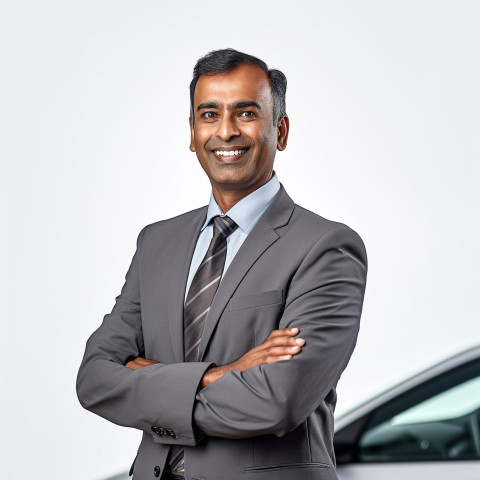 Friendly smiling handsome indian man automotive sales manager at work on white background Friendly smiling handsome indian man automotive sales manager at work on white background