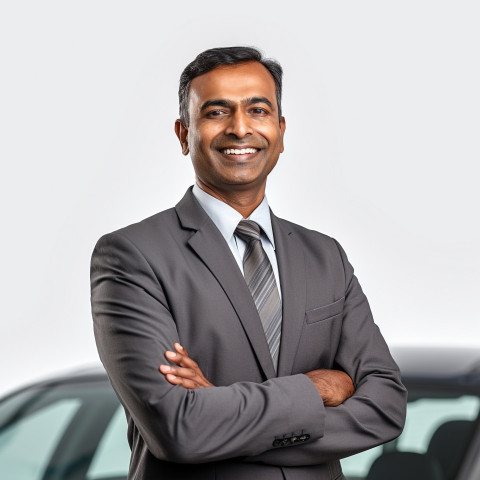 Friendly smiling handsome indian man automotive sales manager at work on white background Friendly smiling handsome indian man automotive sales manager at work on white background