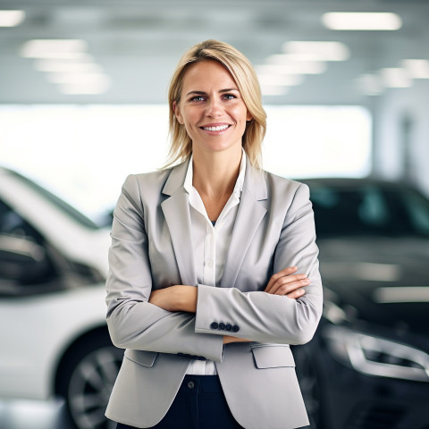 Friendly smiling beautiful woman automotive general manager at work on blured background Friendly smiling beautiful woman automotive general manager at work on blured background