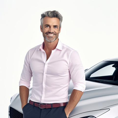 Friendly smiling handsome man automotive marketing and advertising specialist at work on white background Friendly smiling handsome man automotive marketing and advertising specialist at work on white background