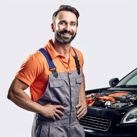 Friendly smiling handsome man automotive service technician at work on white background Friendly smiling handsome man automotive service technician at work on white background