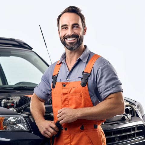 Friendly smiling handsome man automotive service technician at work on white background Friendly smiling handsome man automotive service technician at work on white background