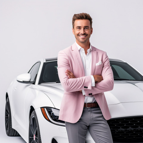 Friendly smiling handsome man automotive marketing manager at work on white background Friendly smiling handsome man automotive marketing manager at work on white background