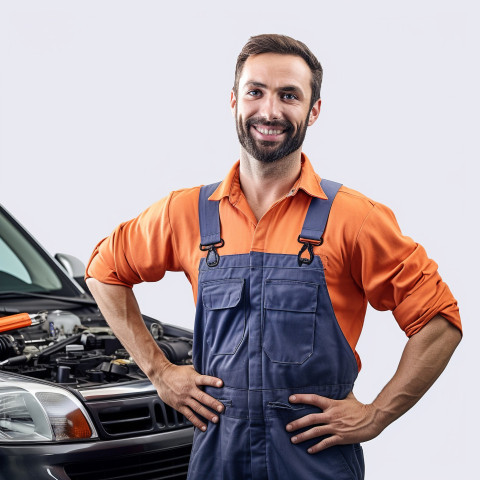 Friendly smiling handsome man automotive service technician at work on white background Friendly smiling handsome man automotive service technician at work on white background