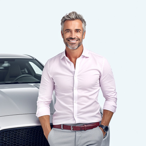 Friendly smiling handsome man automotive marketing and advertising specialist at work on white background Friendly smiling handsome man automotive marketing and advertising specialist at work on white background