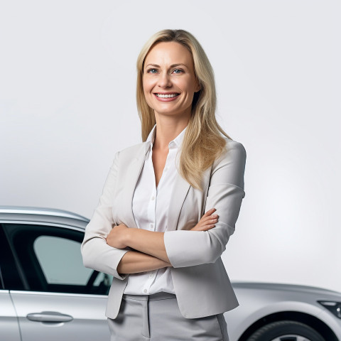 Friendly smiling beautiful woman automotive human resources manager at work on white background