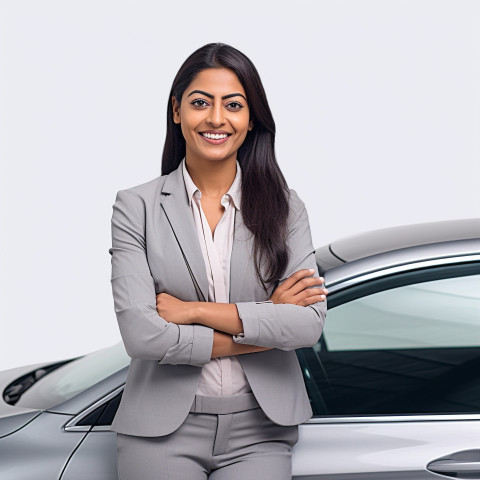 Friendly smiling beautiful indian woman automotive customer relations specialist at work on white background Friendly smiling beautiful indian woman automotive customer relations specialist at work on white background