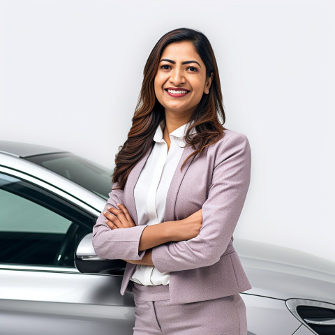 Friendly smiling beautiful indian woman automotive customer relations specialist at work on white background Friendly smiling beautiful indian woman automotive customer relations specialist at work on white background