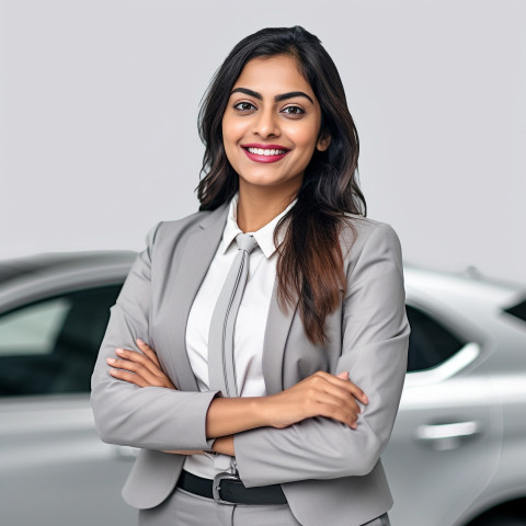 Friendly smiling beautiful indian woman automotive customer relations specialist at work on white background Friendly smiling beautiful indian woman automotive customer relations specialist at work on white background