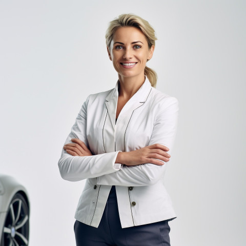 Friendly smiling beautiful woman automotive compliance and safety officer at work on white background Friendly smiling beautiful woman automotive compliance and safety officer at work on white background