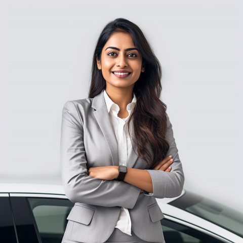 Friendly smiling beautiful indian woman automotive sales manager at work on white background Friendly smiling beautiful indian woman automotive sales manager at work on white background