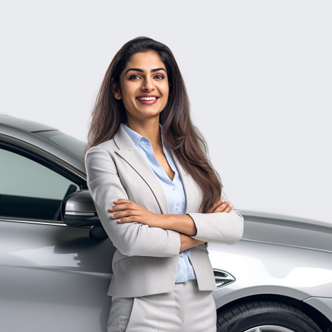 Friendly smiling beautiful indian woman automotive marketing and advertising specialist at work on white background Friendly smiling beautiful indian woman automotive marketing and advertising specialist at work on white background