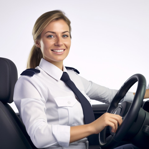 Friendly smiling beautiful woman automotive compliance and safety officer at work on white background Friendly smiling beautiful woman automotive compliance and safety officer at work on white background