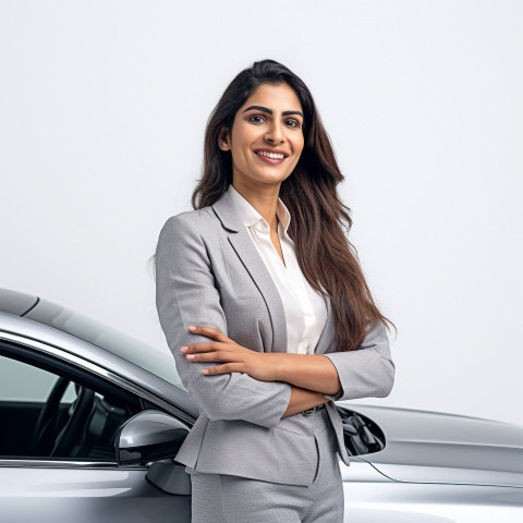 Friendly smiling beautiful indian woman automotive marketing and advertising specialist at work on white background Friendly smiling beautiful indian woman automotive marketing and advertising specialist at work on white background