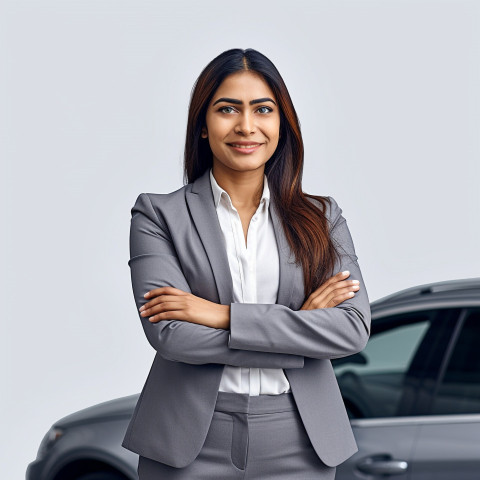 Friendly smiling beautiful indian woman automotive sales manager at work on white background Friendly smiling beautiful indian woman automotive sales manager at work on white background