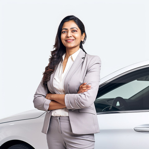 Friendly smiling beautiful indian woman automotive sales manager at work on white background Friendly smiling beautiful indian woman automotive sales manager at work on white background