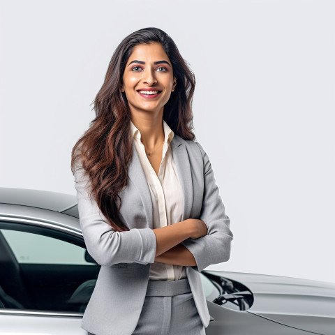 Friendly smiling beautiful indian woman automotive marketing and advertising specialist at work on white background Friendly smiling beautiful indian woman automotive marketing and advertising specialist at work on white background