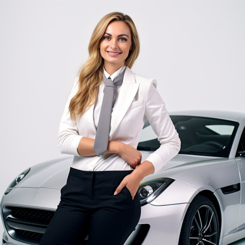 Friendly smiling beautiful woman automotive customer relations specialist at work on white background Friendly smiling beautiful woman automotive customer relations specialist at work on white background