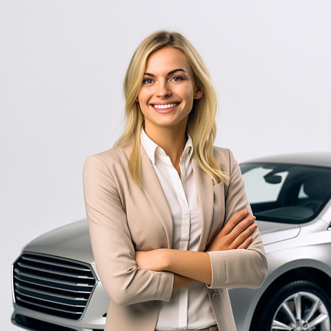 Friendly smiling beautiful woman automotive customer relations specialist at work on white background Friendly smiling beautiful woman automotive customer relations specialist at work on white background