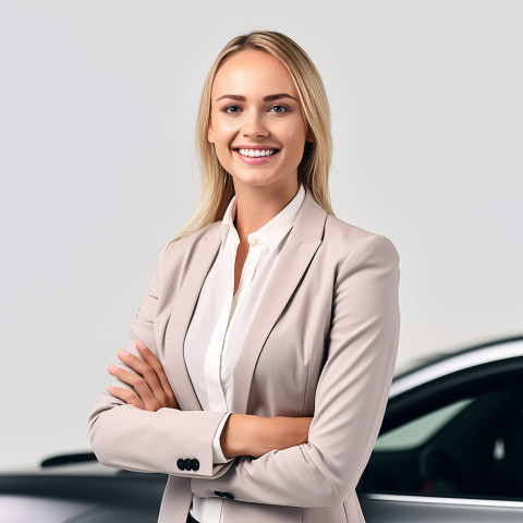 Friendly smiling beautiful woman automotive customer relations specialist at work on white background Friendly smiling beautiful woman automotive customer relations specialist at work on white background