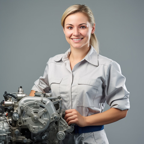 Friendly smiling beautiful woman automotive service technician at work on white background Friendly smiling beautiful woman automotive service technician at work on white background