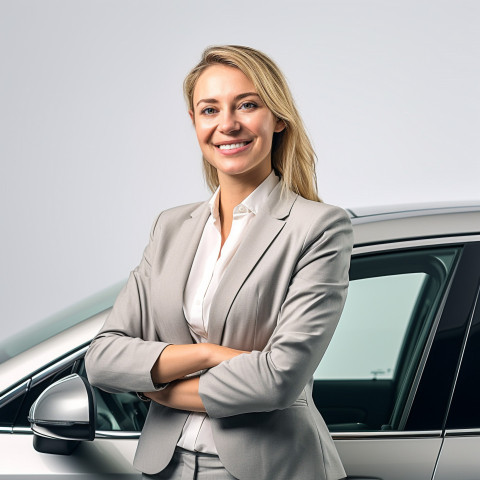 Friendly smiling beautiful woman automotive sales manager at work white background Friendly smiling beautiful woman automotive sales manager at work white background