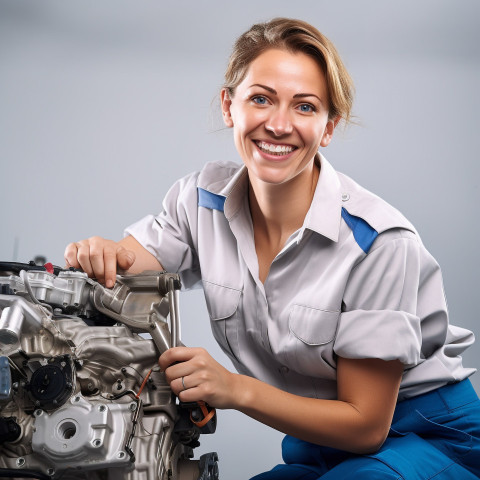 Friendly smiling beautiful woman automotive service technician at work on white background Friendly smiling beautiful woman automotive service technician at work on white background