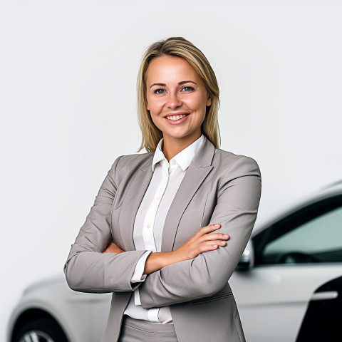 Friendly smiling beautiful woman automotive sales manager at work white background Friendly smiling beautiful woman automotive sales manager at work white background