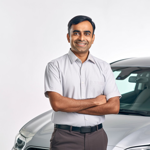 Friendly smiling handsome indian man automotive safety compliance specialist at work on white background Friendly smiling handsome indian man automotive safety compliance specialist at work on white background