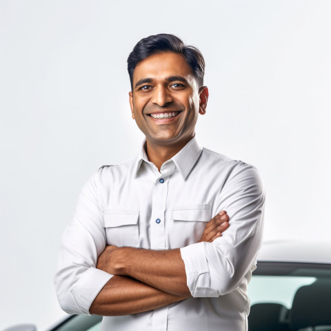 Friendly smiling handsome indian man automotive safety compliance specialist at work on white background Friendly smiling handsome indian man automotive safety compliance specialist at work on white background
