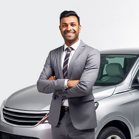 Friendly smiling handsome indian man automotive safety compliance specialist at work on white background Friendly smiling handsome indian man automotive safety compliance specialist at work on white background
