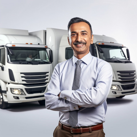 Friendly smiling handsome indian man automotive fleet manager at work on white background Friendly smiling handsome indian man automotive fleet manager at work on white background