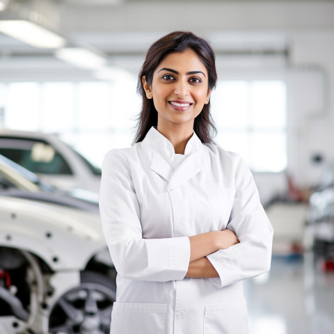Friendly smiling beautiful indian woman automotive safety compliance specialist at work on white background Friendly smiling beautiful indian woman automotive safety compliance specialist at work on white background