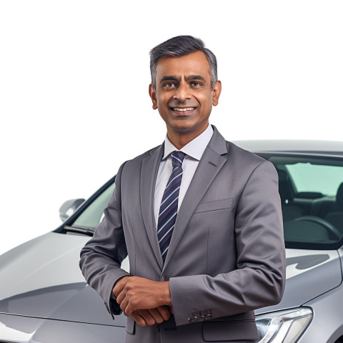 Friendly smiling handsome indian man automotive sales representative at work on white background Friendly smiling handsome indian man automotive sales representative at work on white background