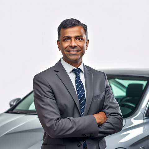 Friendly smiling handsome indian man automotive sales representative at work on white background Friendly smiling handsome indian man automotive sales representative at work on white background
