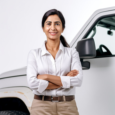 Friendly smiling beautiful indian woman automotive general manager at work on white background Friendly smiling beautiful indian woman automotive general manager at work on white background