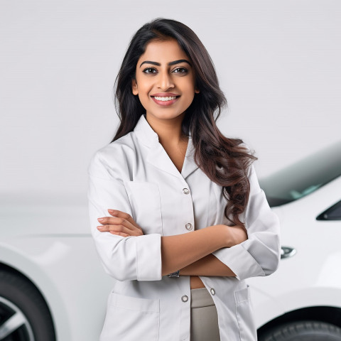 Friendly smiling beautiful indian woman automotive safety compliance specialist at work on white background Friendly smiling beautiful indian woman automotive safety compliance specialist at work on white background